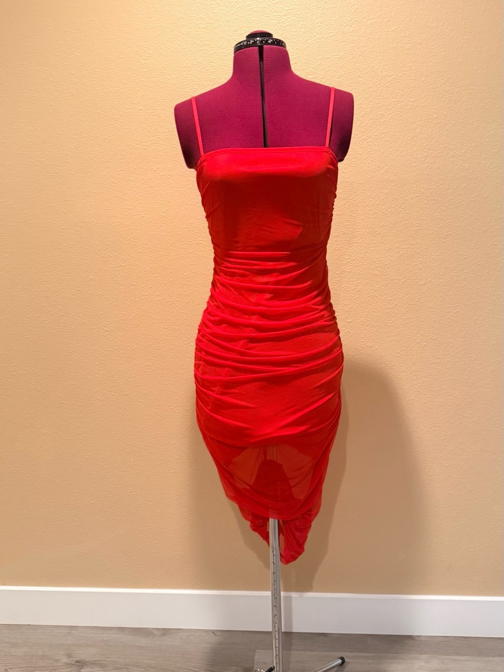 wild fable Red Ruched One-Shoulder Slip Dress with Spaghetti Strap